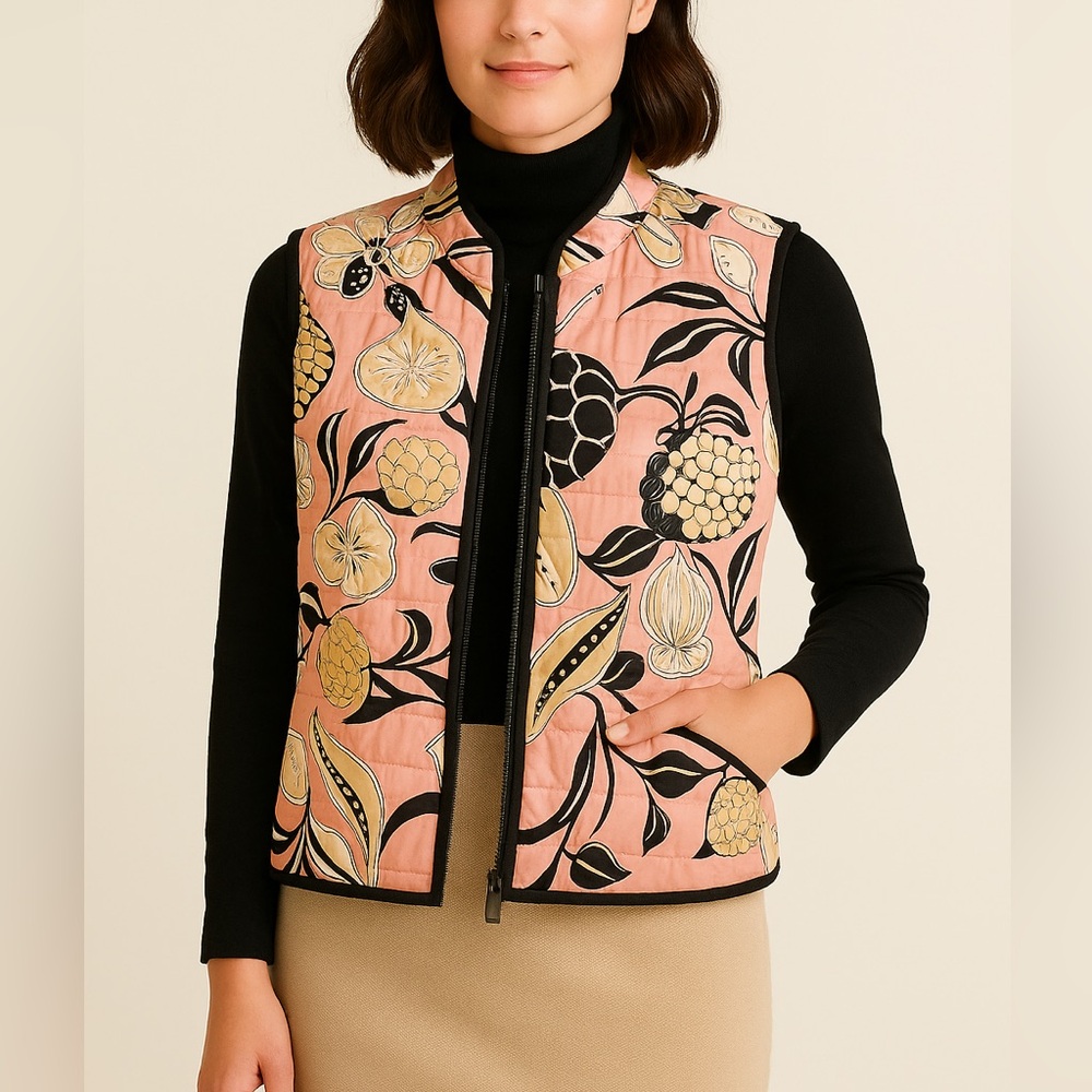 Vintage Carlisle Pink Black Khaki Floral Flower Print Quilted Vest Size 4